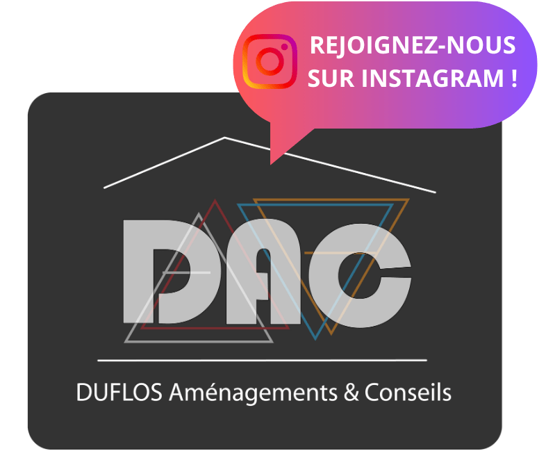 Logo de Duflos Aménagements et Conseils avec une bulle disant de nous rejoindre sur Instagram.